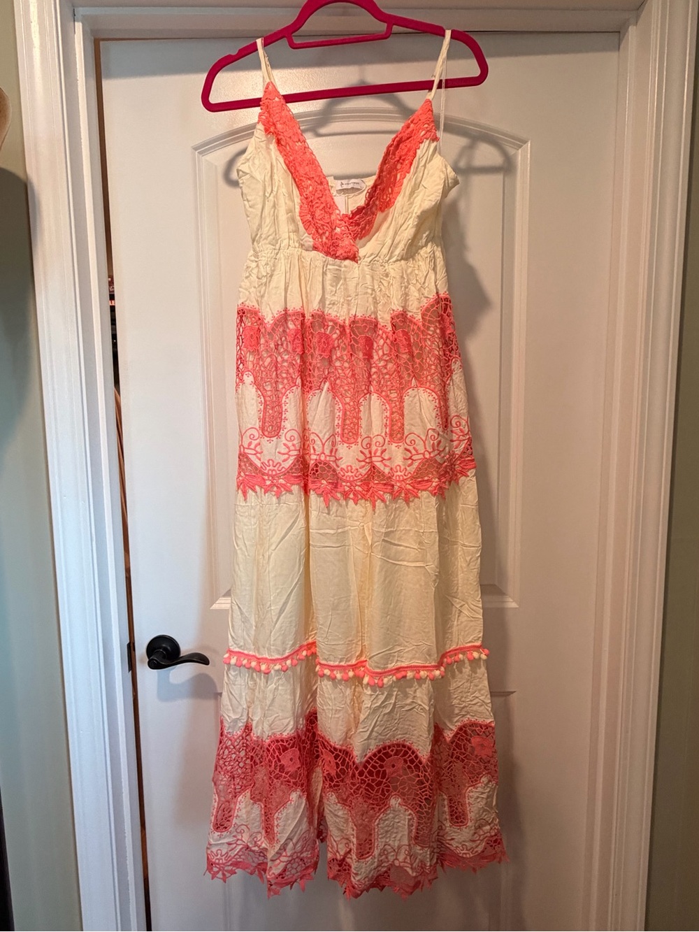 Size Large Cream Maxi Dress with Coral Lace Trim Adjustable Straps